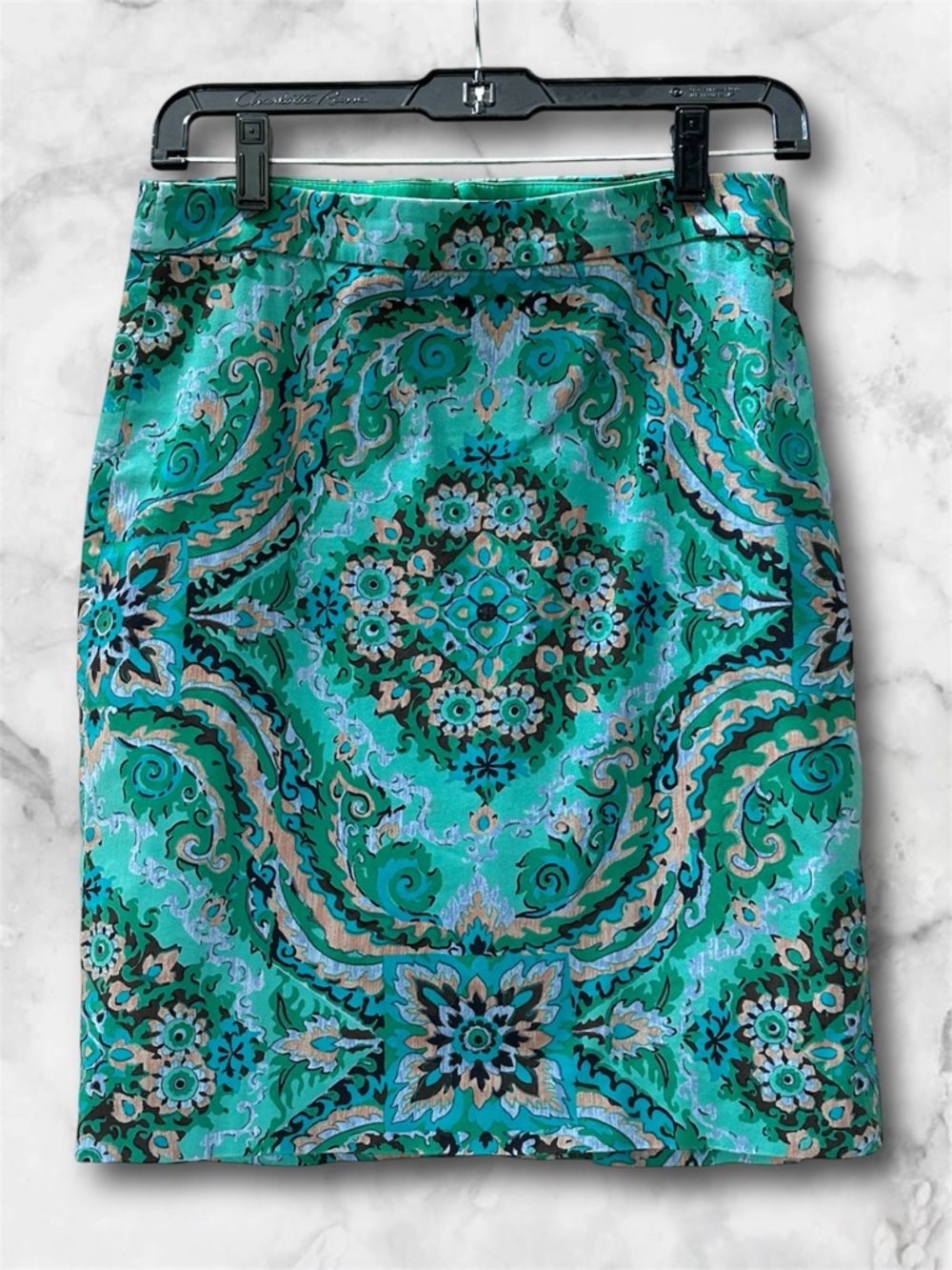 J. Crew Casbah Green Paisley Print Sateen Pencil Skirt Stretch Colorful Size 4